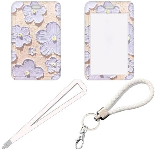 2er-Pack verschiebbarer Kartenhalter mit Blumenmuster, Kartenhalter, verschiebbarer Ausweishalter aus Kunststoff mit Blumenmuster, bemalter Blumenkartenhalter mit Umhängeband oder Schlüsselanhänger