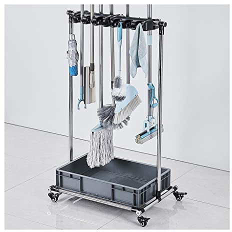 Mop Holder,Mop & Broom Trolley With Brakable Wheels, Removable Cleaning Tool Holder, Cleaning Tool Storage Organiser (Color : Gray-, Size : 12 holes 16 hooks)