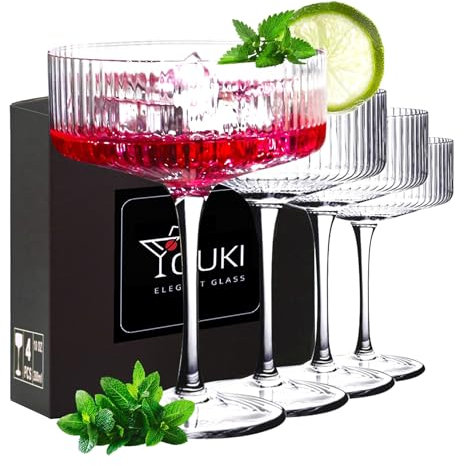 YOUKI Cocktailgläser, Vintage-Coupé-Gläser-Set, Champagner, Cocktail, Martini, Weingläser, langer Stiel, 280 ml, 4 Stück