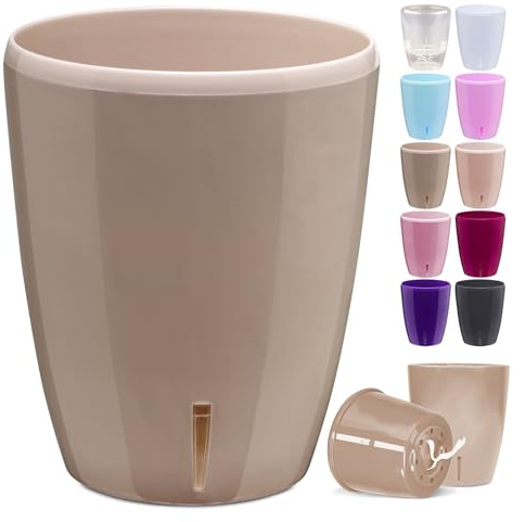 Happyplants ORCHIDEA Self-Watering Orchid Pot Flower Planter With Water Level Indicator Water Reserve And Drainage Holes (Sand, Ø 12.5CM / 1.3L)