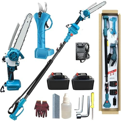 Cordless Pole Saw & 8-Inch Mini Chainsaw, with 2 Battery & Replacement Chains, 125-220 cm Reach Brach Tree Saw with Extension Pole for Wood Cutting Garden