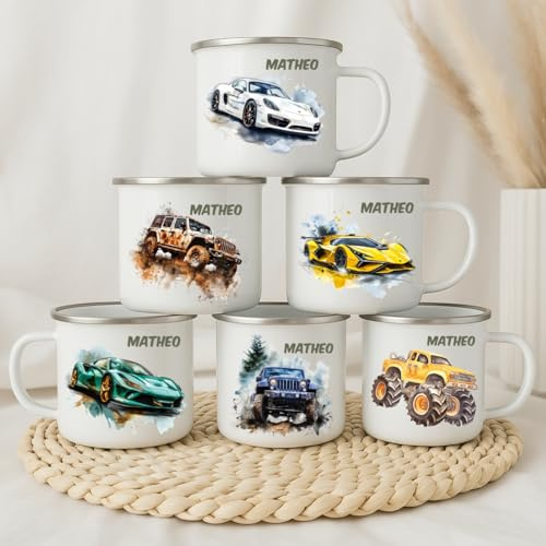 wolga-kreativ Emaille Tasse Rennauto personalisiert mit Namen - Robuste Kinder Tassen, BPA-frei, Spülmaschinenfest Kinder Becher - Personalisierte Geschenke Baby Zur Taufe, Geburt, Weihnachten
