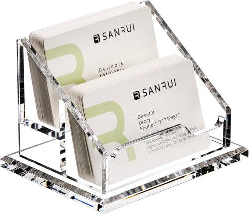 SANRUI Acryl Visitenkartenhalter 2 Fächer Transparenter Visitenkarten Aufsteller, Visitenkartenständer für Schreibtisch, Fasst 100-120 Visitenkarten