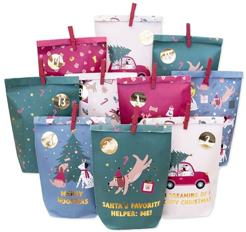 Papierdrachen Adventskalender 2025 - Hunde - zum selbst Befüllen – 24 bunte Papiertüten mit Zahlenaufklebern und Holzklammern - DIY - Weihnachten - Kinder und Erwachsene