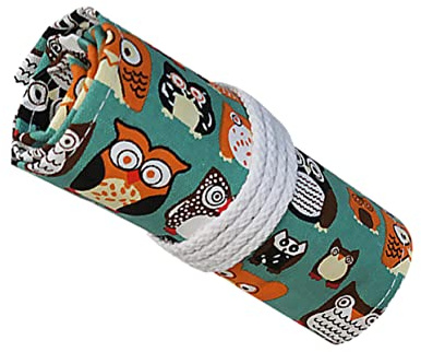 OSALADI Federmäppchen mit Eulenmotiv aus Canvas Rollbarer Stiftehalter mit 48 Fächern Elastischem Gummiband Leichtes Stifteetui für Schule und Kunst