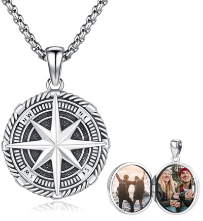 OHAYOO Kette mit Foto & Kompass Anhänger | 925 Sterling Silber Medaillon zum Öffnen – Persönliches Geschenk für Damen/Herren mit eigenem Bild, perfekt für Paare & Familien