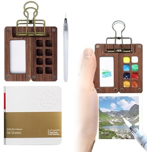 Mini Aquarell Set - Juego de Acuarelas de Viaje con 8 Colores en Madera de Nogal, Cierre magnético y Bloc de bocetos con 58 Hojas para Artistas y creativos