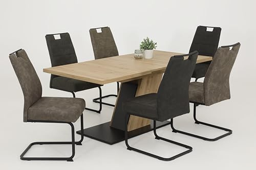 Hela Tische, 7-TLG. Essgruppe, Säulentisch ausziehbar, Dekor Artisan Eiche, 4X Freischwinger Schlamm + 2X Anthrazit, Komfortsitz Federkorb