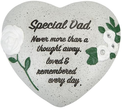 PMS Special Dad Memorial Heart Ornament – Polyresin Graveside Memorial Stone with White Roses & Diamantes – Sympathy Tribute Keepsake – 16 x 14 cm
