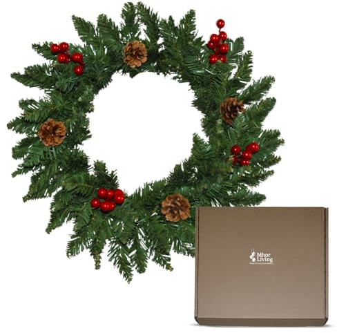 MHOR LIVING Christmas Wreath 40cm/16 inch, Artificial Door Wreath with Red Berries & Real Pine Cones, Festive Front Door Decoration for Holiday & Xmas Decor