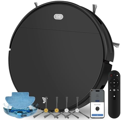 Yigars Robot Aspirador y Fregasuelos 2en1 Aspirador Robot hasta 4500Pa Succión Aspirador 7.8cm Ultra Sottile 2.4GHz WiFi/App/Alexa/Mando a Distancia Adecuada para Suelos Pelo de Mascotas Negro