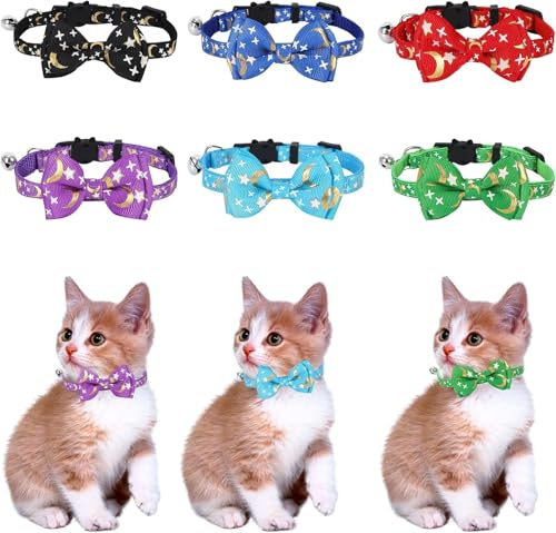 Durdiiy 6Stk Katzenhalsband mit Schleife, Reflektierendes Kätzchenhalsband mit Glöckchen, Buntes Katzenhalsband Schnellverschluss, Verstellbar 20–30 cm, für Hauskatzen, Kätzchen, Kleine Welpen
