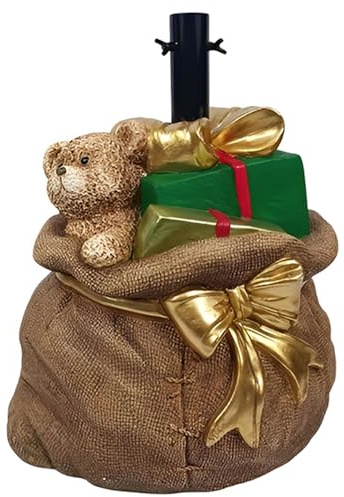 Base per Albero di Natale a Forma di Sacco Marrone con Orsetto Pacco Regalo Fiocco Oro Base Piede Cesto di Supporto Decorazione addobbo Natalizio arredo casa Particolare