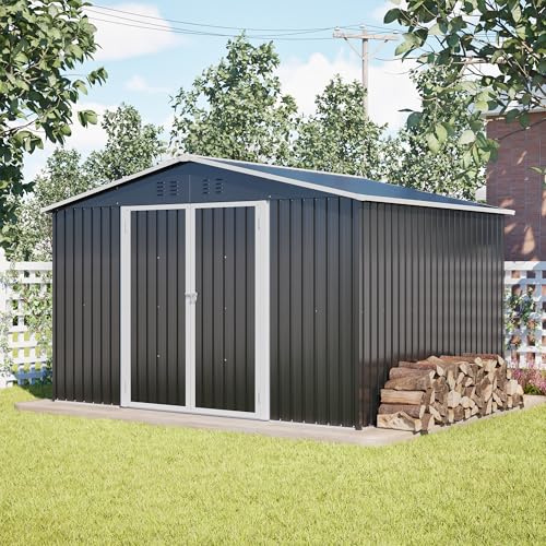 LARFOEK XXXL Metall Gerätehaus 300x252x191cm mit Satteldach und Klapptür, Geräteschuppen Garten Schuppen Gartenhaus für Gartengeräte und Werkzeugaufbewahrung, Schwarz