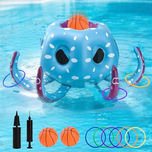 LTFIOON Aufblasbares Oktopus Poolspielzeug, 2-in-1 Aufblasbare Schwimmer Wasser Spiel, Pool Basketballkorb & Pool Ringwurfspiel, Aufblasbarer Krake-Poolspielzeug Wasserspielzeug für Kinder