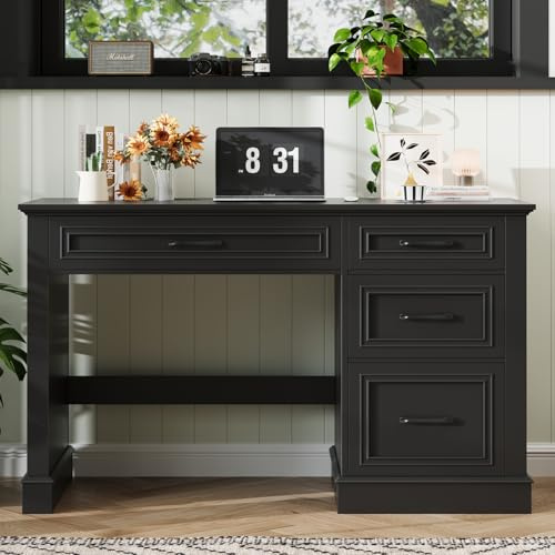 BonVache Schreibtisch mit Schubladen 120 cm, Landhausstil Computertisch mit Stauraum, Rustikaler Bürotisch aus Holz für Homeoffice, Schlafzimmer und Arbeitszimmer, Schwarz