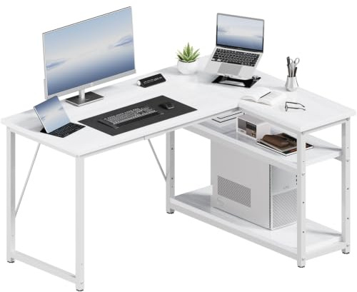 JUMMICO Small 120x80cm L-Shaped Corner Desk with Storage,Compact Corner Computer Desk for Home Office, White