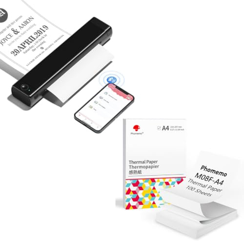 Phomemo M08F A4 Tragbarer Drucker Schwarz mit 100 Blatt Gefaltetem A4 Thermopapier, kabelloser Bluetooth Mobildrucker für Reisen, Auto, Büro und Zuhause