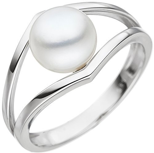 Ring Perlenring Goldring mit weißer Süßwasser-Perle 585 Gold Weißgold schlicht, Ringgröße:Innenumfang 56mm ~ Ø17.8mm