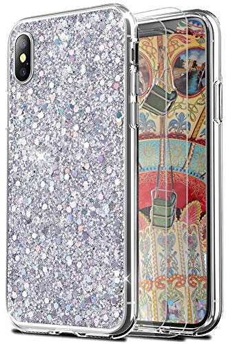 Feyten Coque iPhone XS/iPhone X avec Verre Trempé [Lot de 2], Mince Brillant Bling Paillettes Anti-Rayures Antichoc TPU Silicone Souple Housse pour Apple iPhone XS/iPhone X 5.8 (Argent)