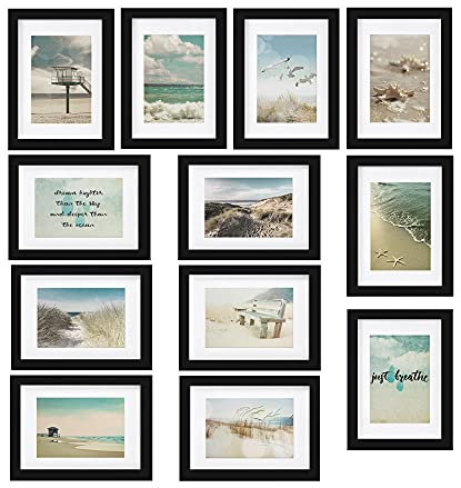 bomoe 12er Bilderrahmen Set Ocean – Fotorahmen Collage für 13x18 cm Bilder Holzbilderrahmen mit Passepartout - Bilder Collage Fotorahmen aus Holz & Kunststoffglas - Fotowand Bilder Set Schwarz