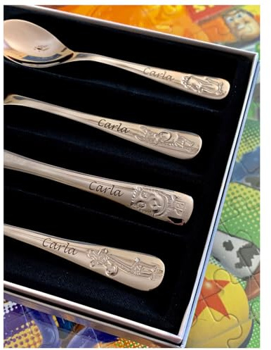 regalo grabado Personalisiertes Kinderbesteck Safari Name und Datum | 4-teiliges Kinderbesteck Set aus Edelstahl 18/10 mit Gravur des Namens vorne und Datum auf der Rückseite.