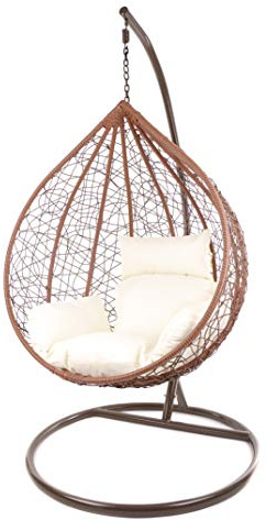 KIDEO Komplettset: großer Hängesessel mit Gestell & Kissen, Korbsessel, Poly-Rattan (Korb & Gestell: braun, Kissen: Elfenbein Nest (0050_Ivory))