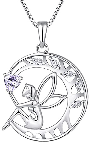 FJ Schutzengel Halskette Damen 925 Sterling Silber Baum des Lebens Kette Anhänger Engel Fee Mond Halskette mit Geburtsstein Zirkonia Schmuck Geschenke für Frauen Mädchen