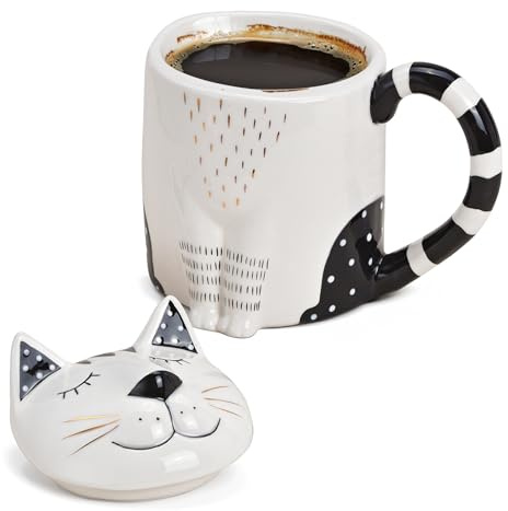 Teetasse als Katze in schwarz weiß – Süße Keramik Kaffeetassen in 400ml für Kaffe, Tee, Cappuccino mit Deckel - Außergewöhnliche Tassen als schönes Geschenk