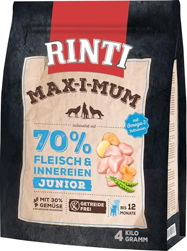 RINTI - Max-i-Mum Junior | Trockenfutter für Welpen und Junge Hunde mit 70% Fleisch & Innereien. Getreidefreies Alleinfutter mit erhöhte Protein- und Fettgehalt | 2x4kg Huhn
