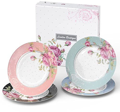 London Boutique Side Plates Cake Dessert Plates Afternoon Tea Plates Set of 4 Multicolours New Bone China Vintage Flora Gift Box 7.5inches (Roses)
