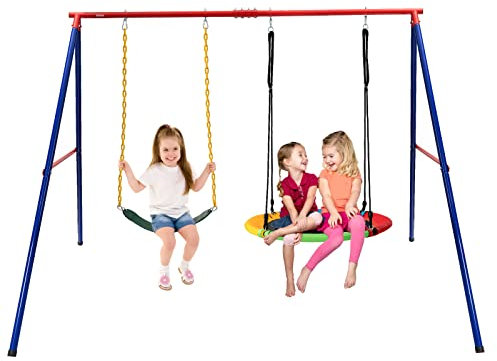 GOPLUS Schaukelgestell Outdoor, Schaukelgerüst aus Metall bis 300kg belastbar, Schaukelständer mit Schaukelsitz & Nestschaukel, Schaukel Set für Kinder