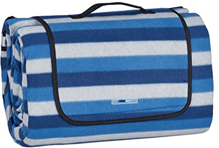 Relaxdays XXL Picknickdecke, 200x300 cm, isoliert, wasserdicht, gestreifte Fleece Stranddecke, Tragegriff, blau/weiß