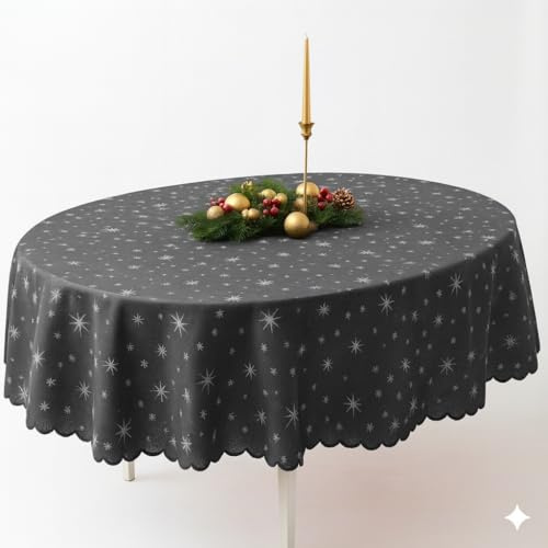 Lurex Tischdecke Sterne Glitzer Weihnachten Christmas Dunkelgrau Oval 160 x 220 cm