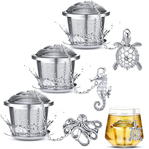 Tea Infusers for Loose Tea 3 Sets Loose Leaf Tea Steeper Tea Strainer Stainless Steel Tea Ball for Loose Tea Holder Tea Mesh Strainer Tea Filters with Drip Trays and Pendant (Aquatic Creatures Style)
