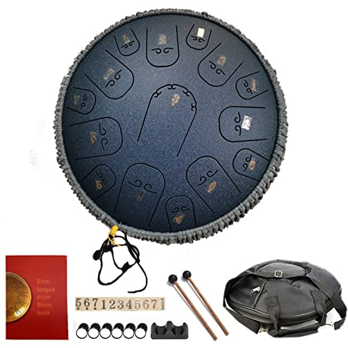 Tongue Drum 15 Töne 14 Zoll, Zungentrommel Schlagzeug Stahlzungentrommel Handpan Drum C-Dur Mit Trommelschlägeln Tragetasche Für Meditation Unterhaltung Konzert Yoga,Marine