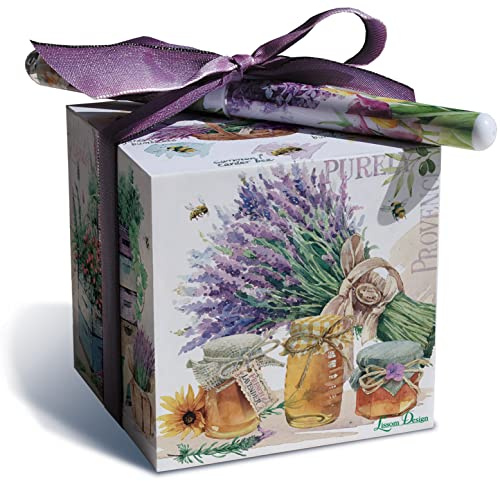Lissom Design Block Paper Note Pad - Designer Memo Sheets for Home or Office Notepad and Pen Set, 3 x 3-Inch Cube, Lavender Bee Farm