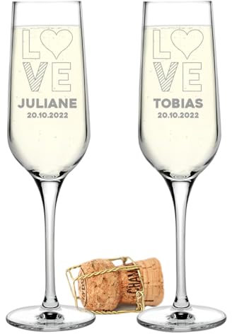 polar-effekt 2 bicchieri da spumante con manico e incisione – con nome e data – Calice per champagne, spumante e prosecco – regalo di San Valentino – nozze d'oro e nozze d'argento