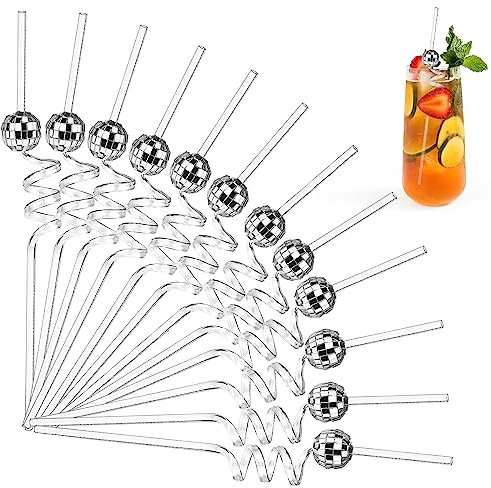 12Stk Mirror Disco Ball Straws,Spiegel-Discokugel-Strohhalme,1970er-Jahre-Disco-Party-Dekorationen,Cocktail-Strohhalme für Disco-Motto-Party-Dekorationen