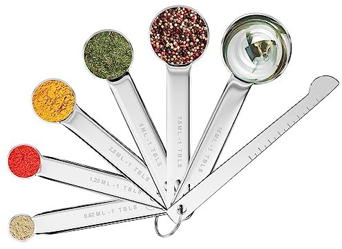 Fousenuk 7 Stück Messlöffel Set, Messbecher Set Edelstahl für Flüssigkeiten und Feststoffe mit 6 Measuring Cups und 1 Messlineal, Messwerkzeug von Küchen, Dosierlöffel für Backmessen