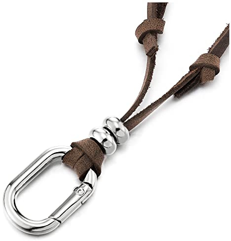 COOLSTEELANDBEYOND Retrò Aperto Ovale Perlina Charms Ciondolo Collana con Pendente da Uomo Donna, Cavo in Marrone Pelle Regolabile
