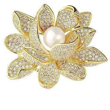 Broche en forme de fleur de lotus pour femmes et filles - Plaqué or - Strass et perles - Pour corsage - Épingles à clip pour vêtements, vêtements, accessoires de décoration, bijoux d'anniversaire