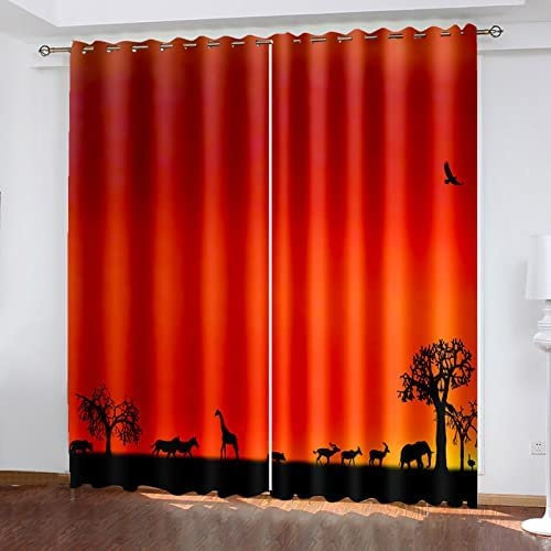 Vorhang Kinderzimmer Goldener Sonnenuntergang Tier Elefant Giraffe Kinder Vorhänge Mit Ösen Polyester Gardinen Thermovorhang Blickdicht Ösenschal Kindergardinen 183 (B) X 214 (H) cm Für Wohnzimmer,2E