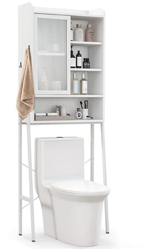 GIANTEX Badezimmerregal über WC, Regal mit Schiebetür, 3 höhenverstellbare Einlegeböden, Badezimmerschrank mit 2 Kippschutzvorrichtungen und 2 Haken (weiß)
