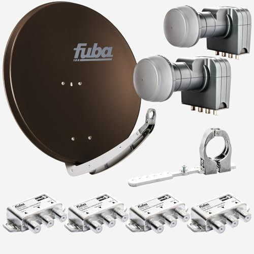 Fuba Sat Anlage 4 Teilnehmer - 2 Satelliten | Satellitenschüssel Komplettset - DAA 850 B Sat-Schüssel 85cm Alu braun + 2X Quad LNB 4 Teilnehmer + Multifeedschiene + 4X DiSEqC-Schalter(HDTV/4K/8K)