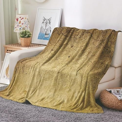 EHOMERY Kuscheldecke Baumwolle Decke Tisch Wohnzimmer Kuscheldecke Sommer Große Warme Decke Retro-Muster Klimaanlagen-Decke Dekorative Weiche Kuscheldecken Gelb 130x100cm