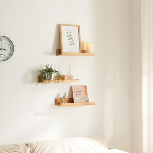 [en.casa] Set de 3 Estantes Flotantes Estantería Mural de 3 Baldas con Borde Frontal para Cocina Baño Oficina Sala Bambú 40 x 13 x 7 cm - Natural