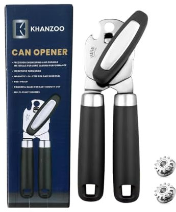 Khanzoo Magnetic Can Opener - Manual Can Opener with Smooth Edges, Comfortable Grip & Sharp Cutting Blades - Heavy Duty Stainless Steel Tin Opener with Two Replacement Blades