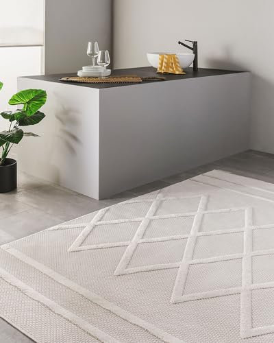 benuta Nest Alfombra Exterior Interior Bonte - Crema 120x170 cm - Resistente y Fácil de Limpiar - para Balcón, Terraza, Jardín - Cocina & Sala de Estar - Geométrica, Estilo Boho, Hygge Cozy
