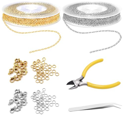 2 rullar, 5 m länkkedja, säljs per metersats med 40 hummerlås och 100 bindringar, kedja säljs per meter, kedjehantverk för gör-det-själv-armband, kedja, smyckestillverkning med skärare, pincett (guld,